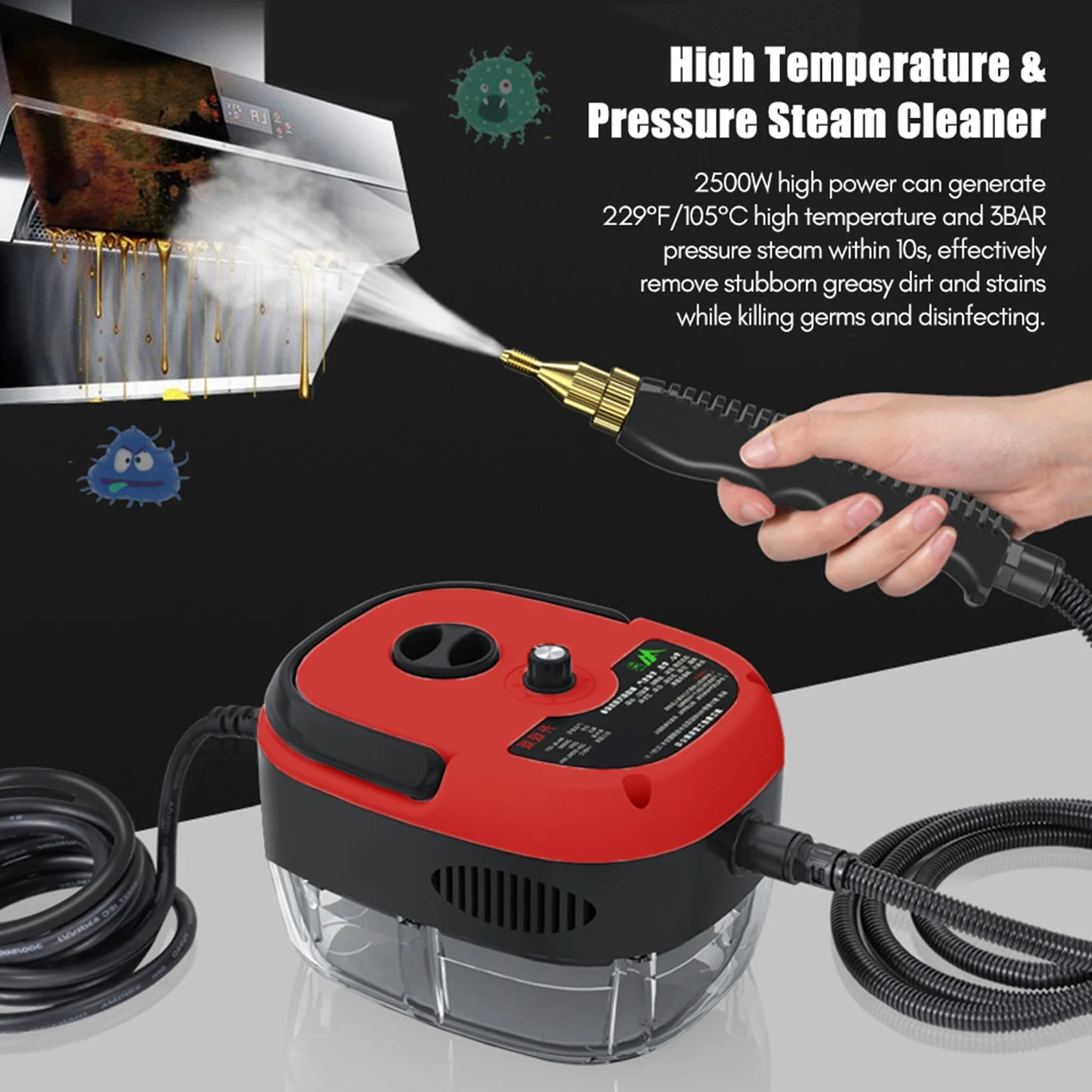 Pulitore a vapore portatile 2500W ad alta potenza 6 velocità regolabile Pratico pulitore a vapore per frigorifero da cucina