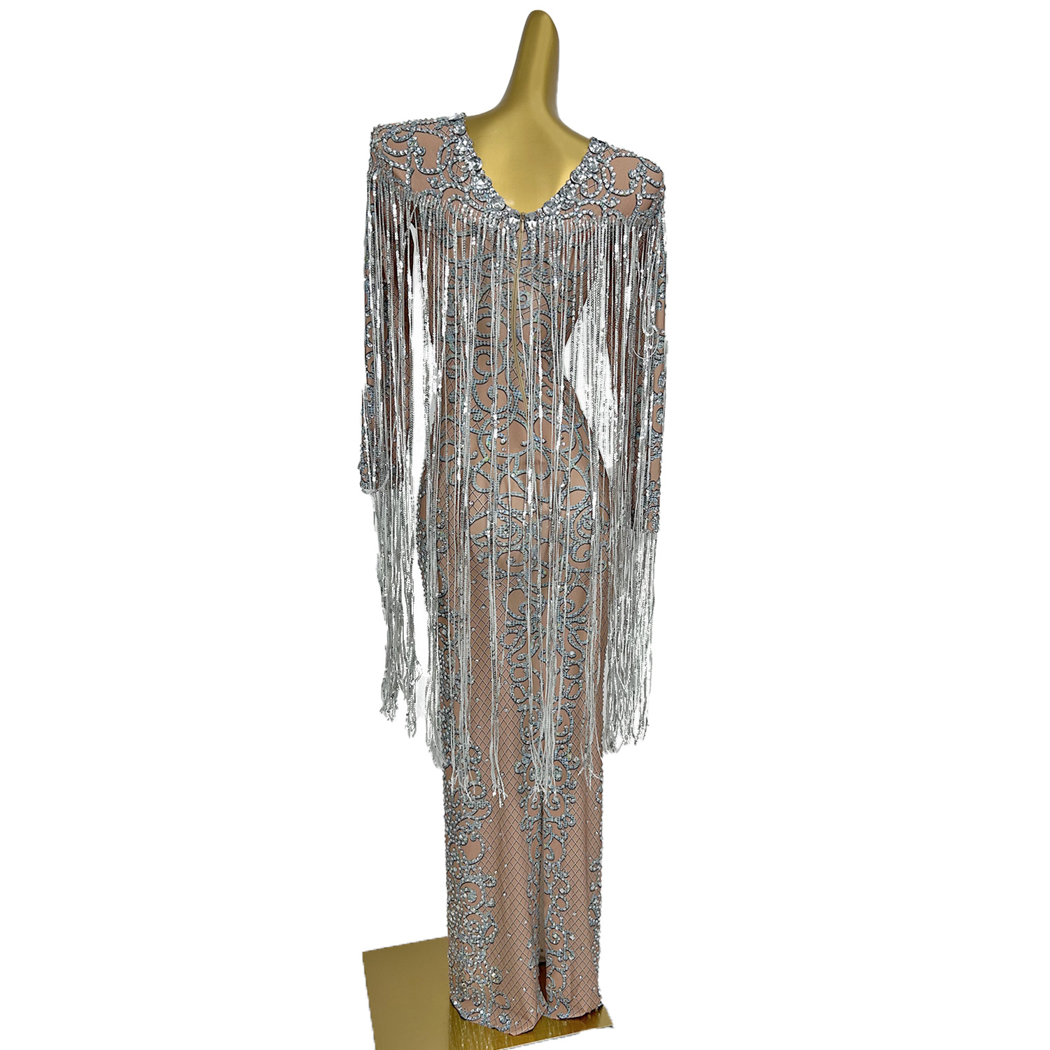 スパンコールの長いタッセルドレス,パーティードレス,ウエディング,結婚式,地面の長さ,ラインストーン,歌手のステージ,ガラ,shuiliandong