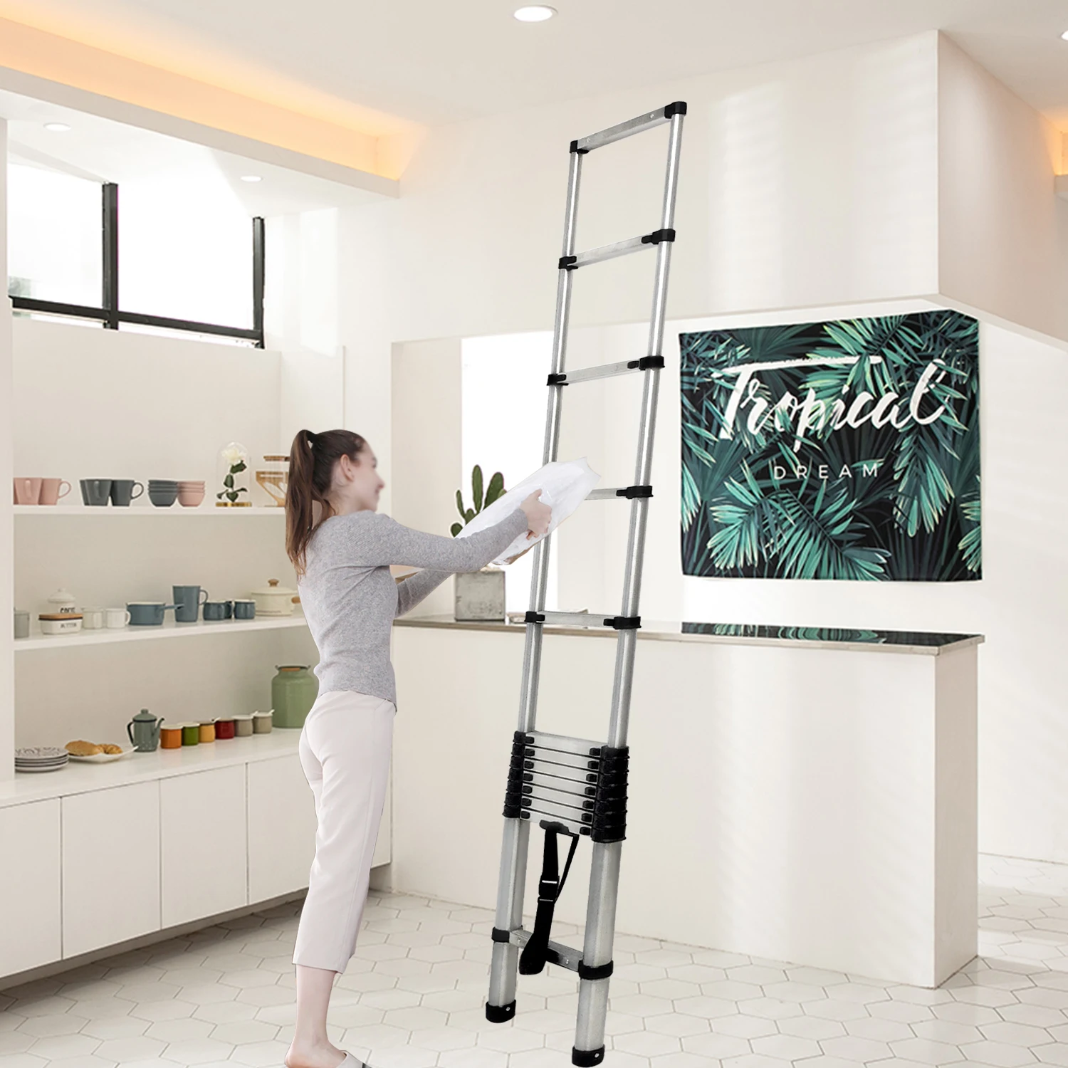 Telescopic Folding Ladder，Non-Slip Multi-Purpose Ladder Extendable Portable Stainless Steel Ladder with EN131 Standard