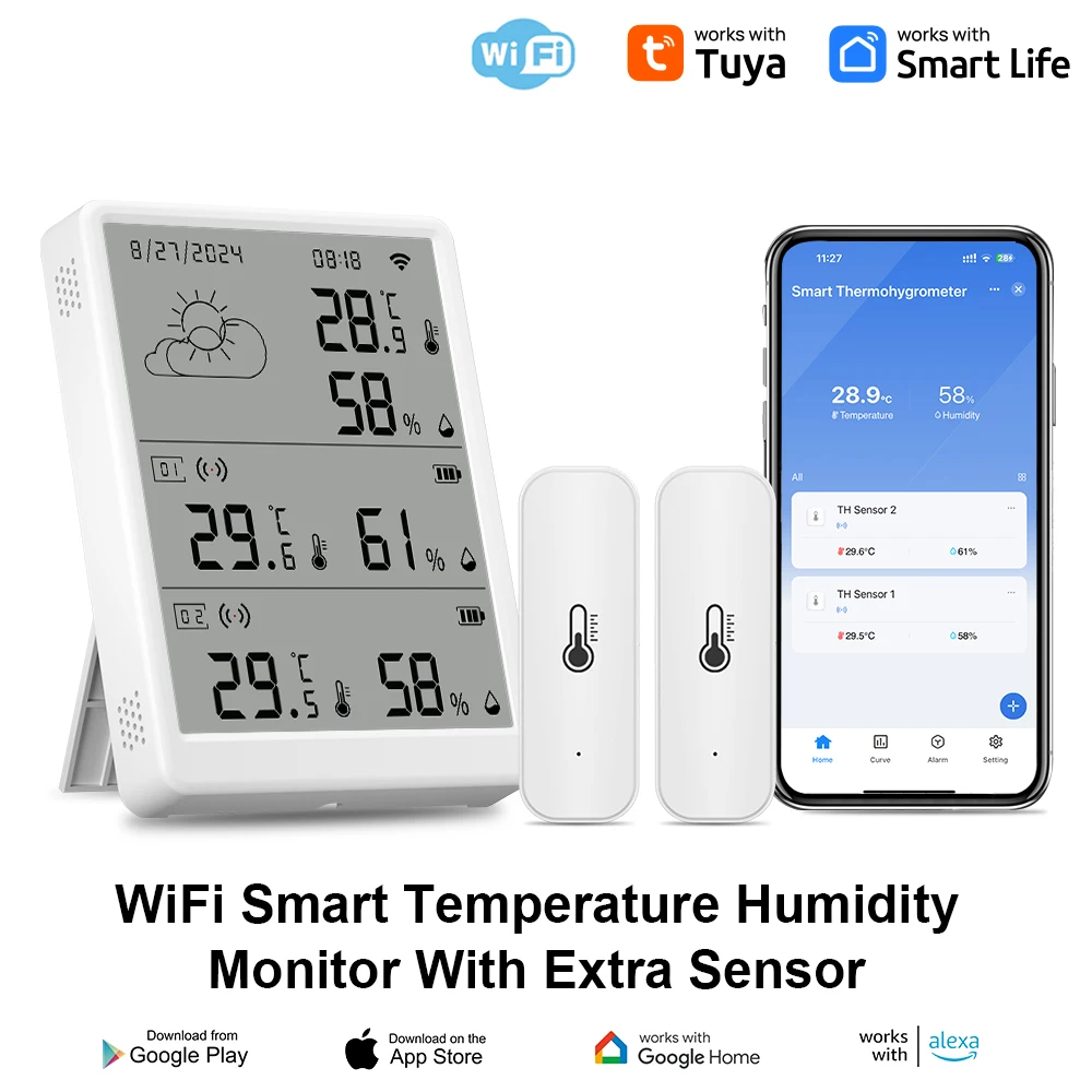 Tuya Wi-Fi метеостанция цифровой термометр комнатный гигрометр RF433 Крытый и открытый датчик температуры влажности настольные настенные часы