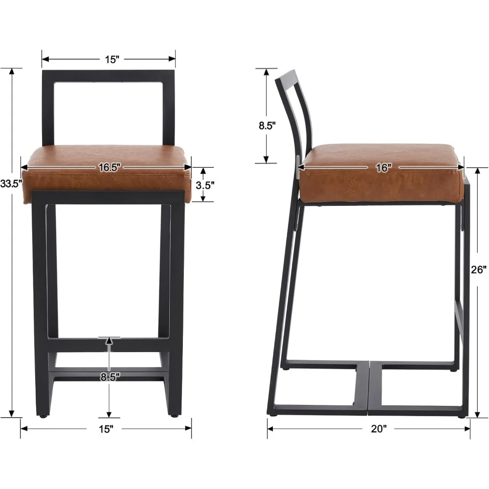 26’’ Modern Bar Stools Set of 2, Upholstered PU Leather Bar Chairs with Backrest Armless Counter Height Stools with Metal Frame