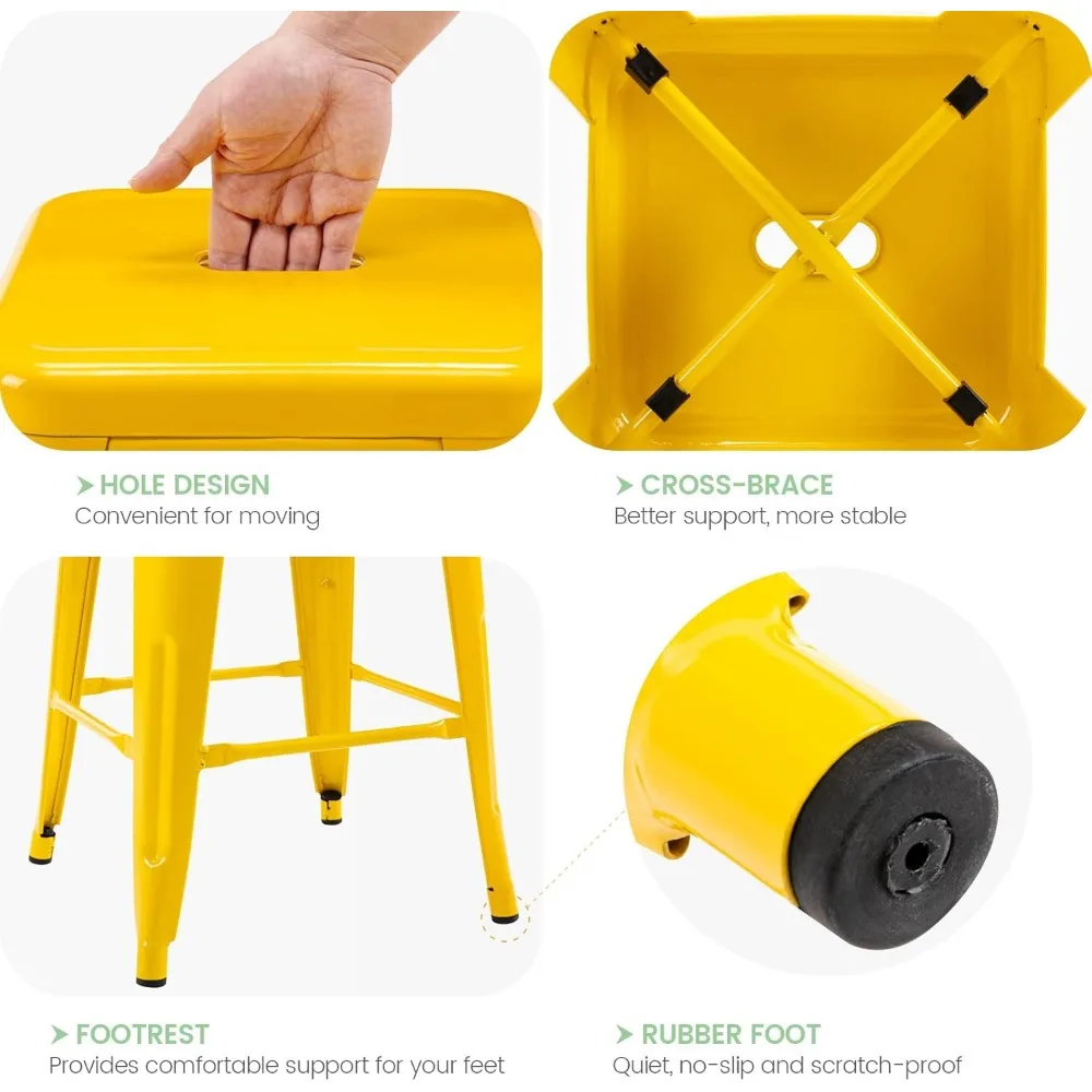 24" High Bar Stools Backless Yellow Metal Barstools Indoor-Outdoor Counter Height Stools with Square Seat, Set of 4