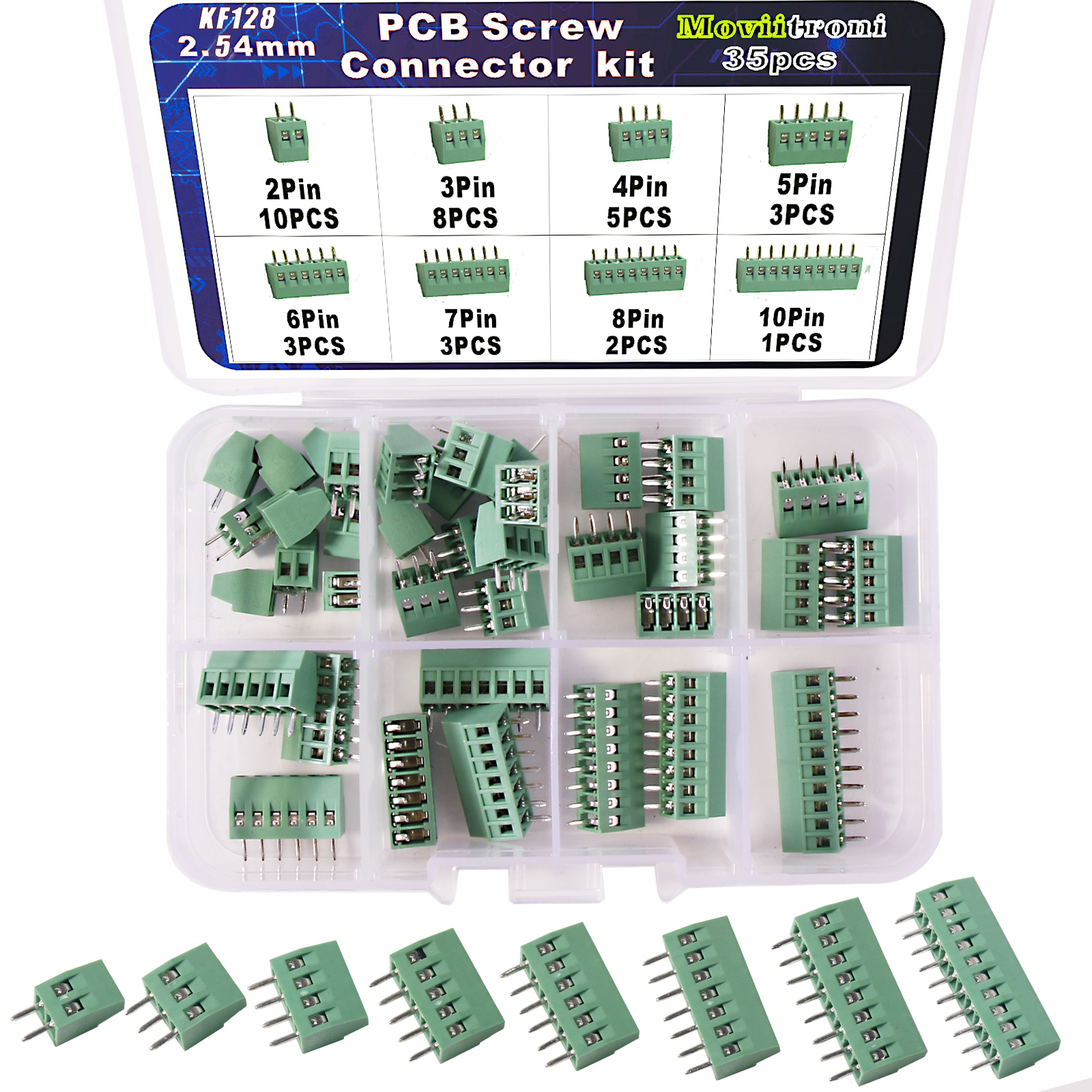 35-teiliges PCB-Schraubklemmenblock-Anschluss-Sortiment-Set für Drähte KF128-2.54 2Pin-10Pin
