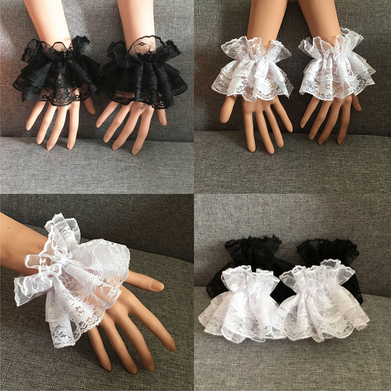 Lolita สั้นถุงมือ Steampunk Lolita มือข้อมือแขนข้อมือ Cuffs Ruffled ลูกไม้ลายดอกสร้อยข้อมือเครื่องประดับผ้า