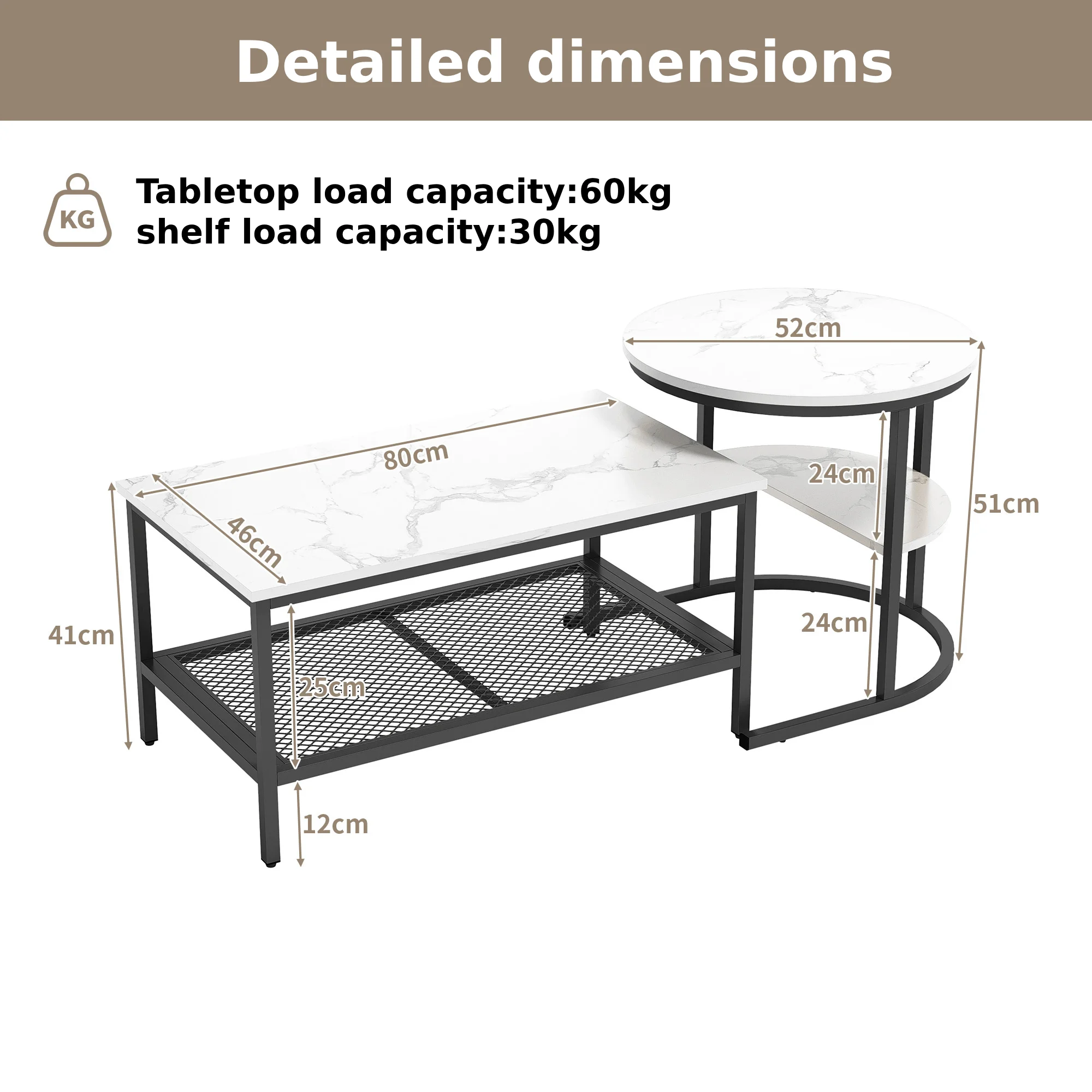 Anajqaqia Ensemble de tables basses modernes Tables d'appoint rondes rectangulaires 80x46x41cm 52x52x51cm