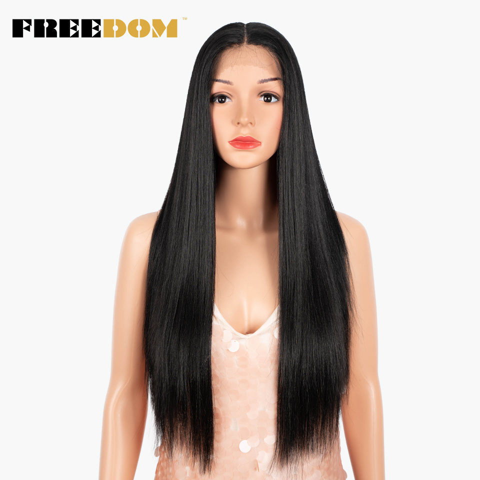 Peluca con malla frontal sintética FREEDOM, pelucas de pelo largo y liso de 28 pulgadas, pelucas frontales de encaje Rubio rojo suave para mujeres negras, pelucas de Cosplay