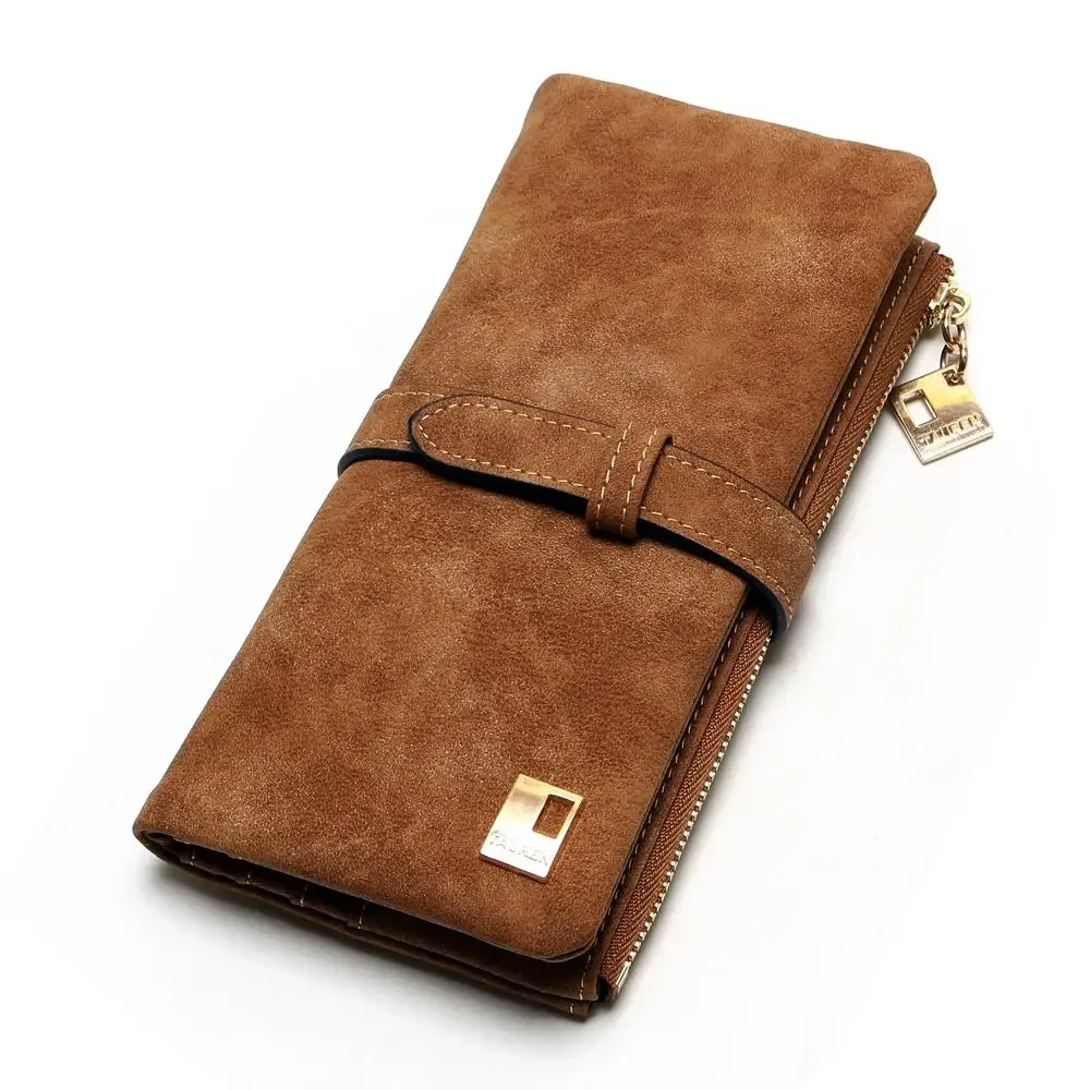 Carteras de piel nobuk con cordón para mujer, cartera de diseño largo con cremallera, dos pliegues, más colores, paquete de tarjetas calientes, novedad de 2023