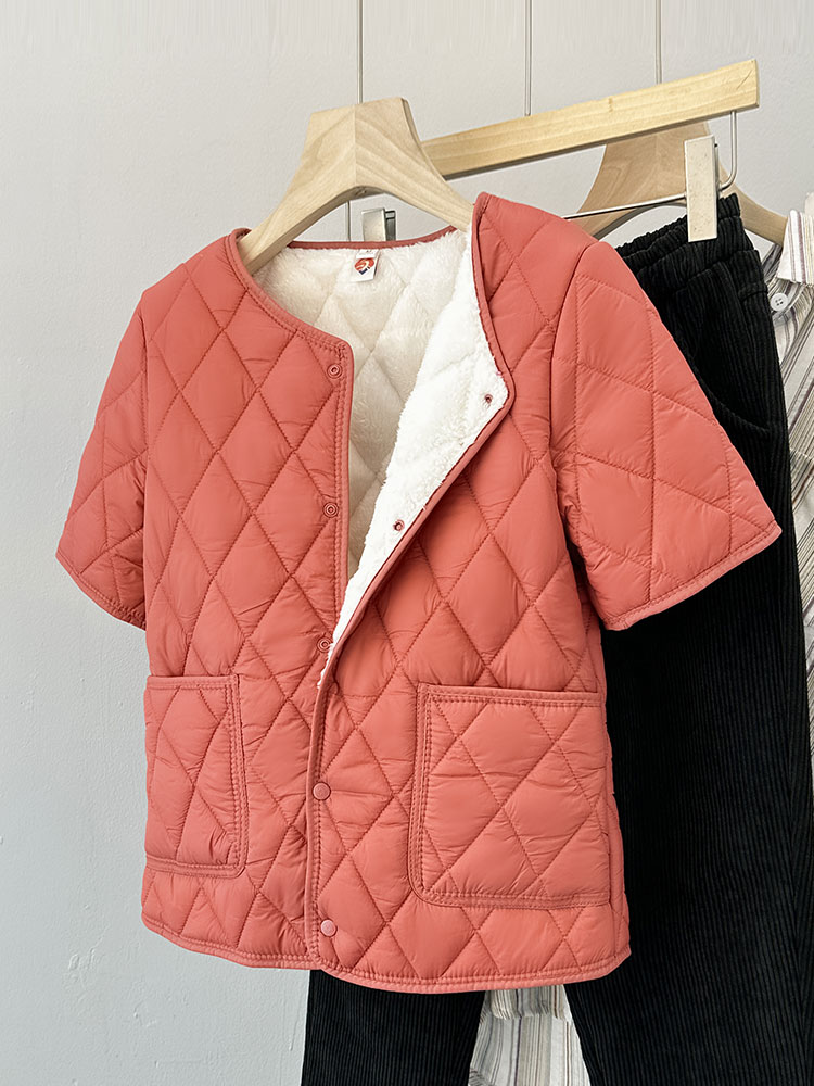 女性の秋冬肥厚綿ベスト軽量半袖 5 インナー裏地ベスト暖かさママ服 V ネックボタン閉鎖
