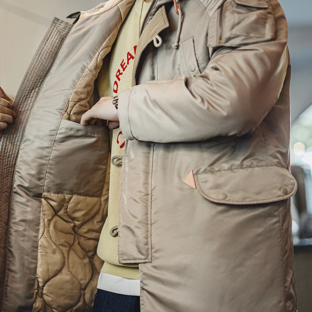 Maden Retro Pilot Chaqueta acolchada de algodón Abrigo cálido con capucha de longitud media grueso para hombres Otoño e Invierno Color caqui prendas de vestir
