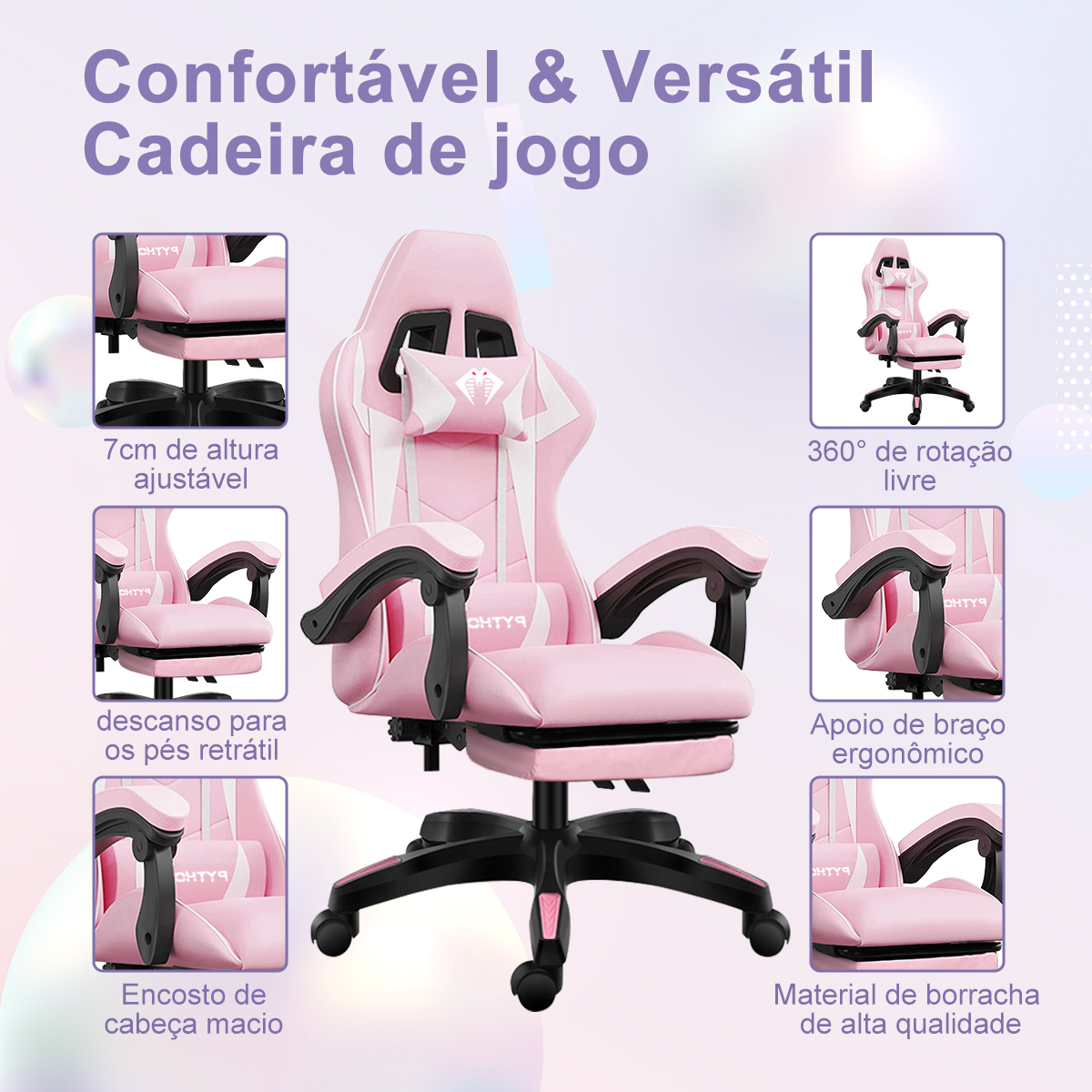 Cadeira ergonômica para jogos Python Fly Premium com apoio lombar, cadeira para jogos e lazer feminina, enviada do Brasil