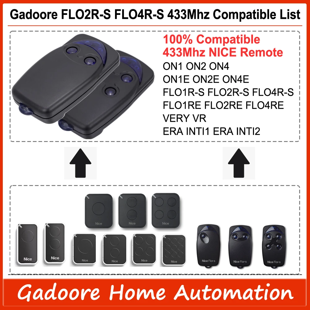 Gadoore  FLO2R-S FL04R-S Código de rol de 433 MHz Control remoto para puerta de garaje FLO2R-S FL04R-S  Nice FLOR-S FLO2R-S FLO4R-S Control remoto de puerta compatible NICE ON1 ON2 ON4 ON1E, ON2E ON4E, FLO1R-S FLO2R-S