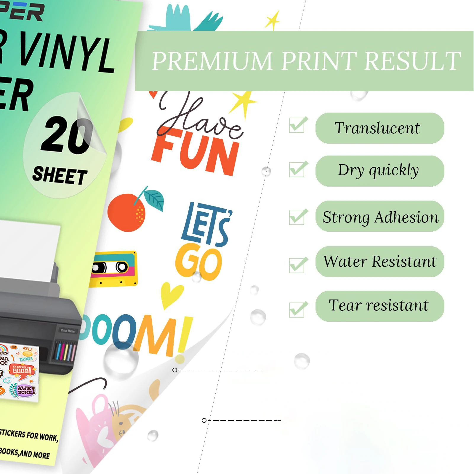 20 hojas de papel adhesivo de vinilo imprimible, translúcido A4 (8,3x11,7 pulgadas) 65% hojas autoadhesivas transparentes, impermeable, se seca rápidamente