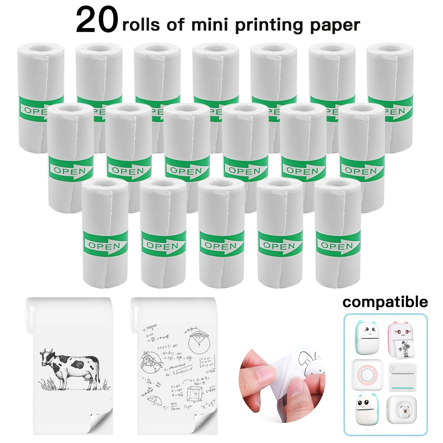 20 rollos de papel adhesivo térmico blanco, minirepuestos de impresora autoadhesiva para fotos/paniones de verificación/notas, impresión de texto negro, 57x25mm