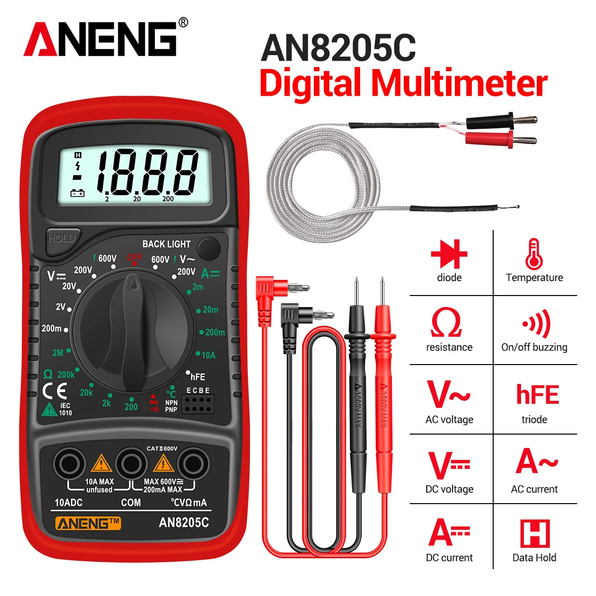 Aneng AN8205C ดิจิตอลมัลติมิเตอร์ ac/dc ammeter โวลต์โอห์มมัลติเมโทรเครื่องทดสอบพร้อมไฟแบ็คไลท์ LCD แบบพกพา