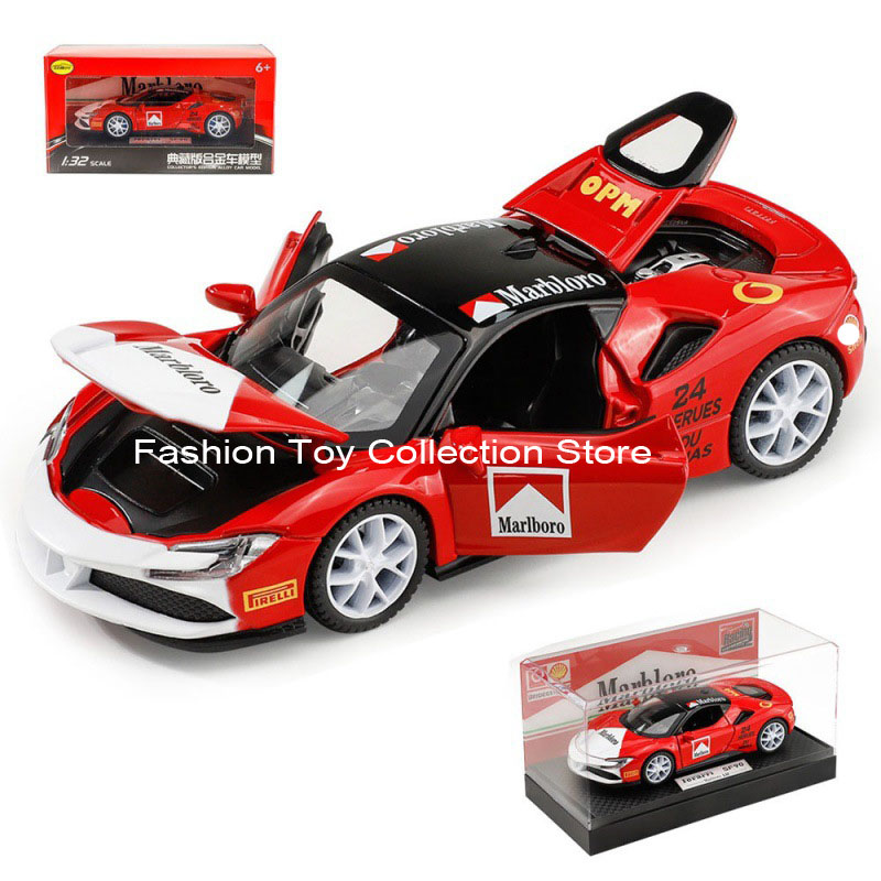1: 32 Ferari SF90 Modelo de carro de liga de alta simulação Diecasts Toy com som e luz puxar para trás veículos decoração brinquedos para crianças