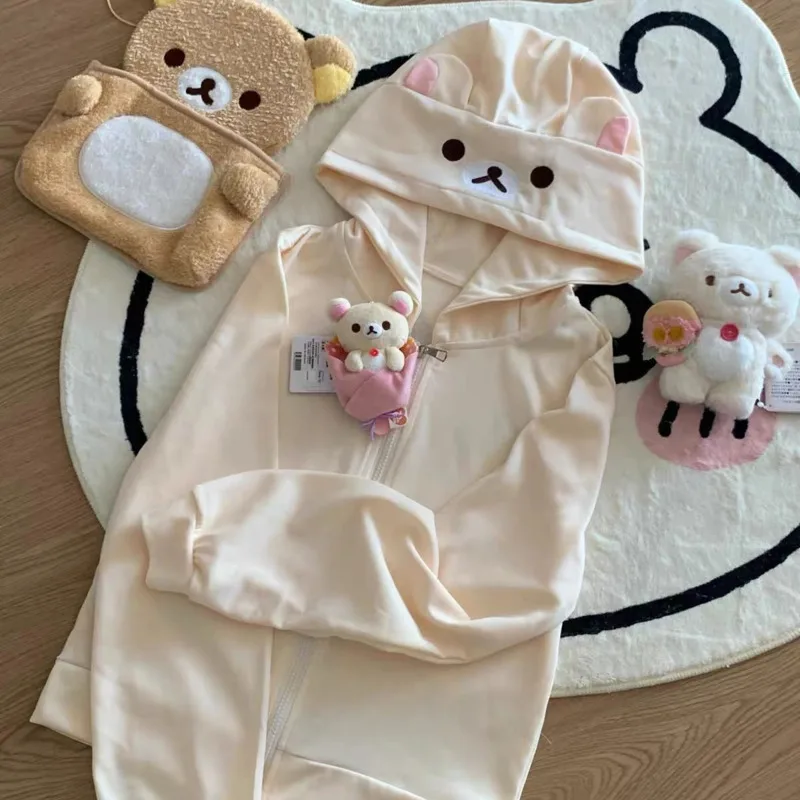 Rilakkuma-女性用ジップアップフーディ,テディベアの耳,長袖ジャケット,カジュアルカーディガン,コットンウェア,かわいいファッション