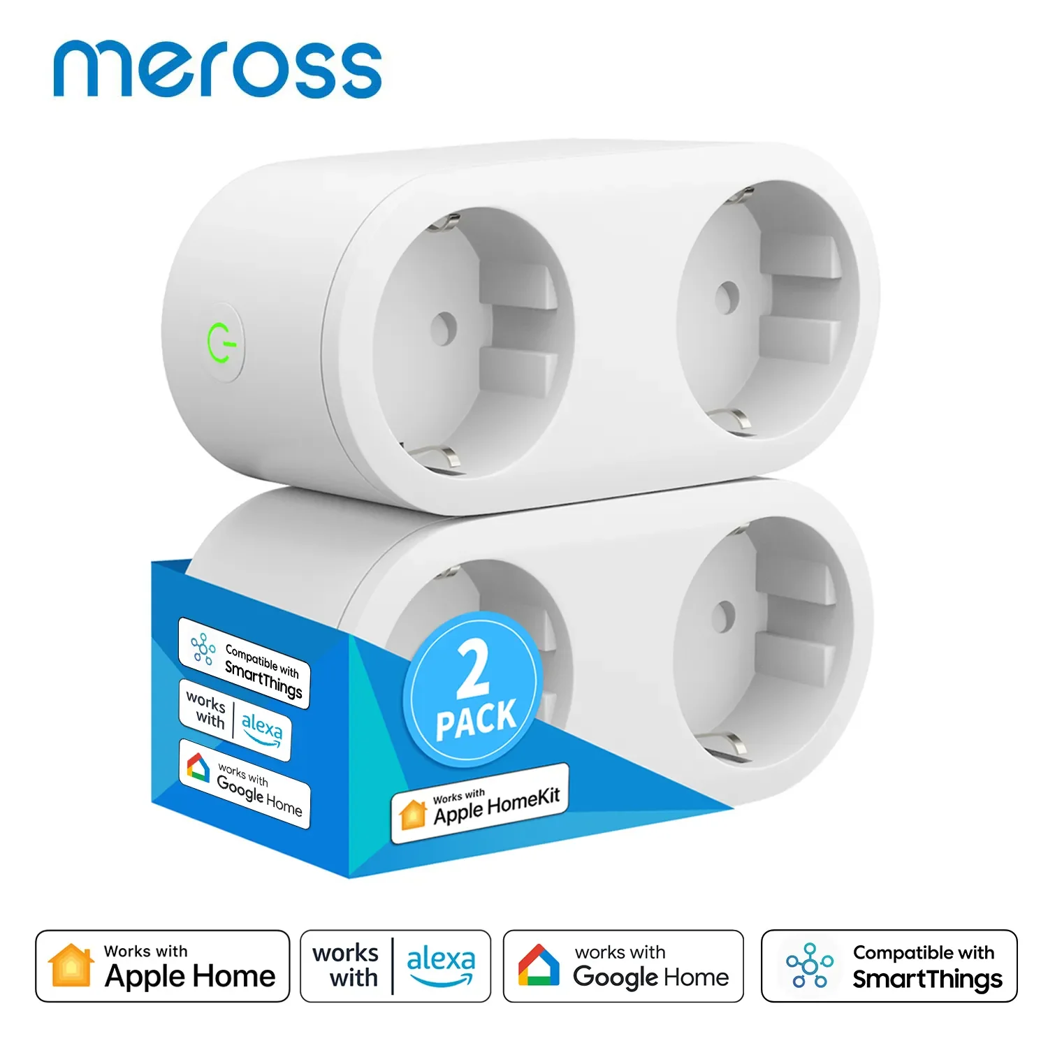 Meross-enchufe inteligente HomeKit con WiFi, enchufe de doble salida, enchufe inteligente de la UE, Control remoto por voz, compatible con Alexa, Google Home, SmartThings