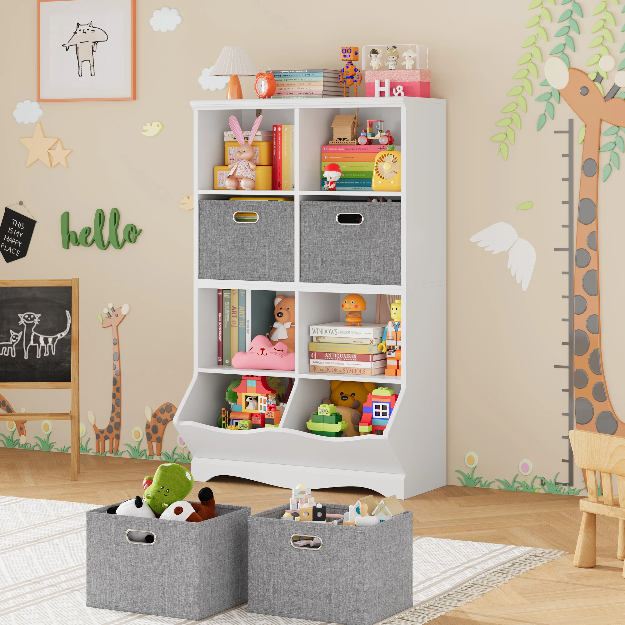 Scaffale per bambini, libreria per bambini con 8 scomparti portaoggetti e 2 cassetti in stoffa, scaffale per giocattoli Stanza per bambini per camera da letto Asilo