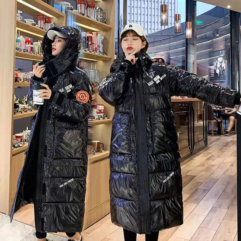 Preto brilhante parker feminino inverno quente engrossar jaqueta de algodão à prova de vento à prova de chuva casaco com capuz feminino casual longo