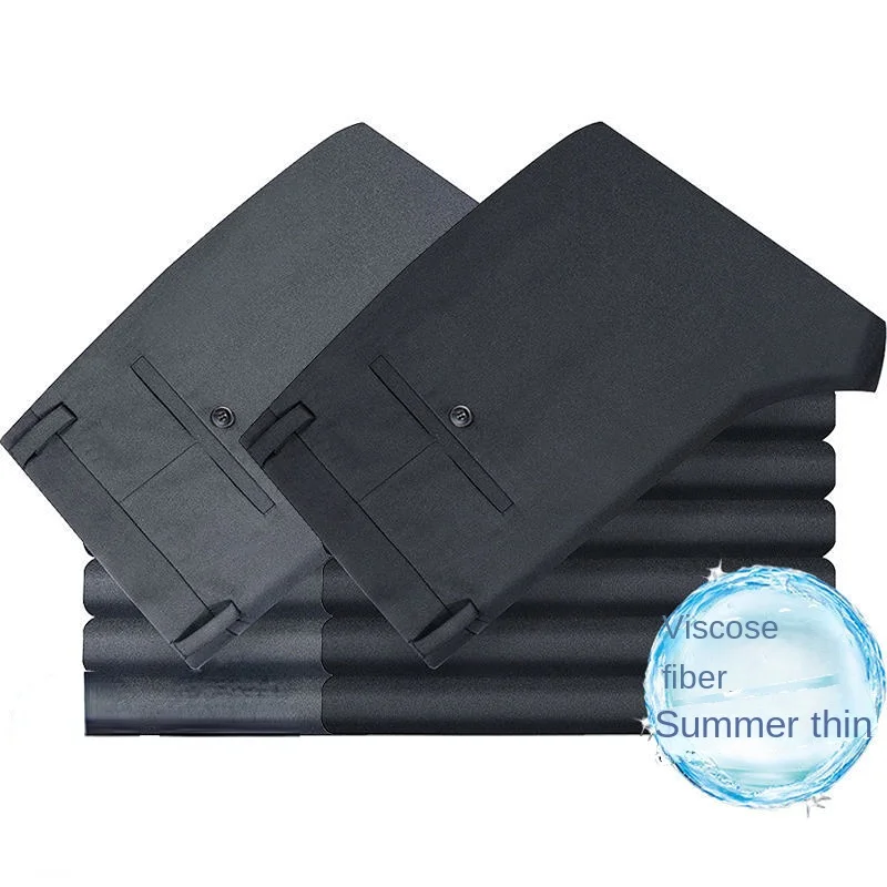 ผู้ชายฤดูร้อนสบายๆ Celana Setelan Elastic Non-Ironing กางเกงสีดำผู้ชายกางเกงบาง Slim-Fit ตรงธุรกิจชุดสูทกางเกง