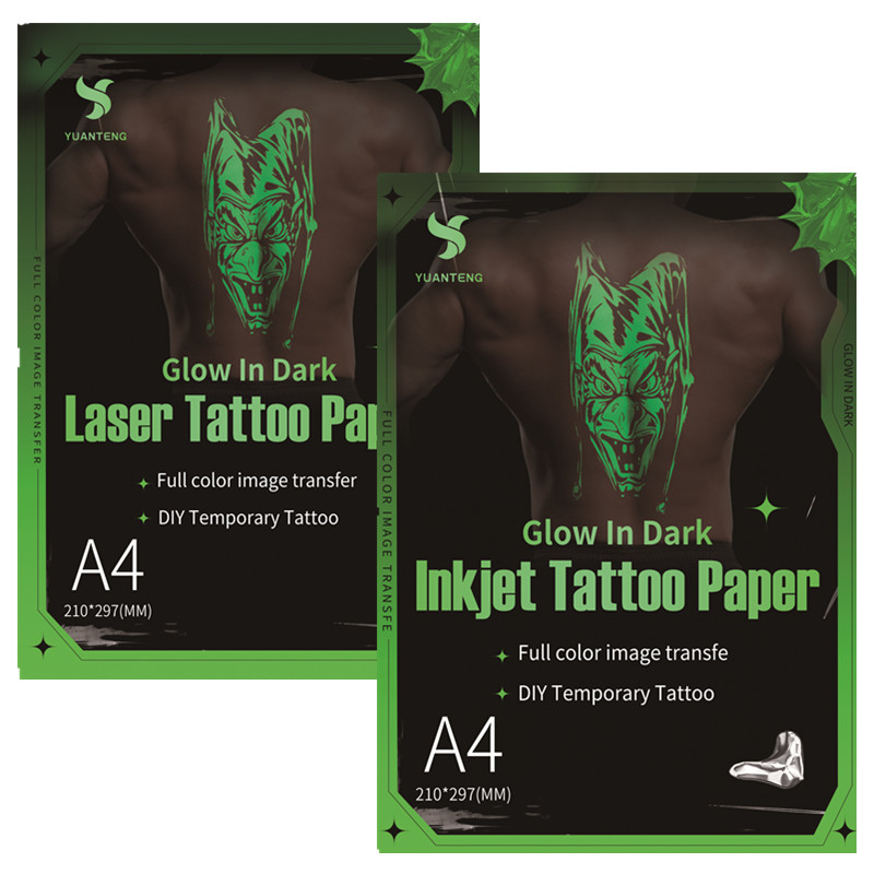 Papier de transfert d'impression de tatouage temporaire, lueur dans le noir, lumière verte de fête, imprimante laser à jet d'encre A4, feuille imprimable bricolage