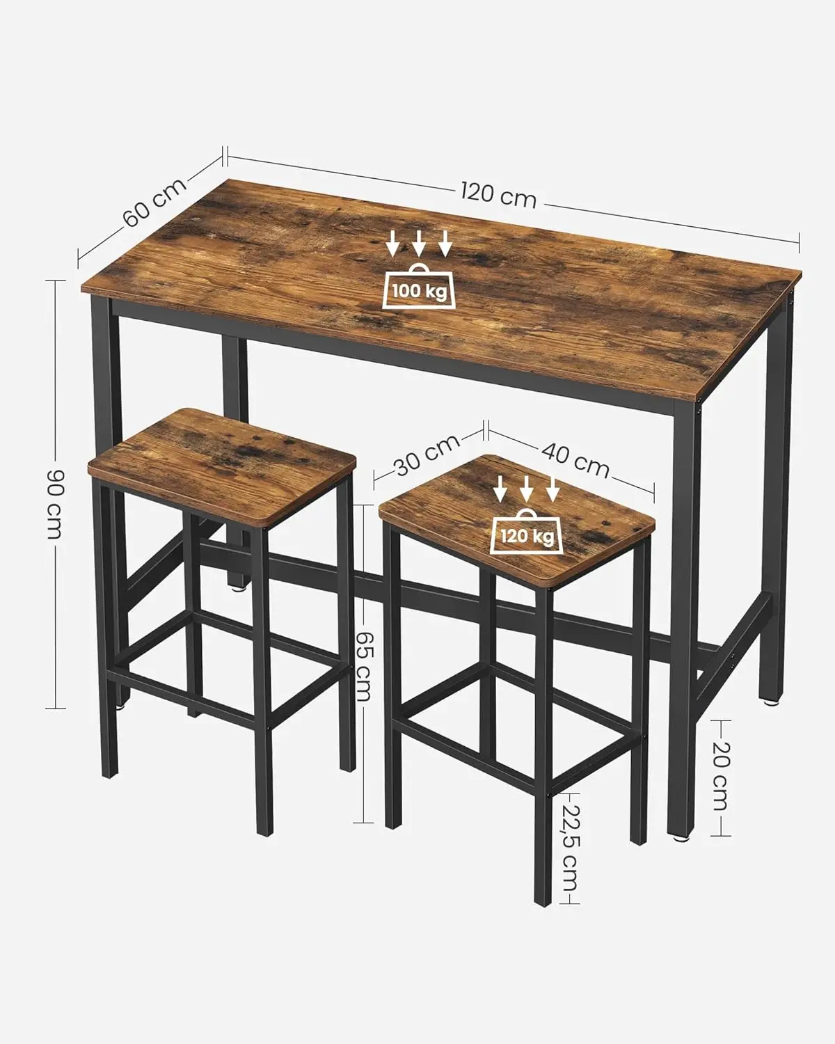 Juego 2,Mesa taburetes, cafetería sillas Bar, para Cocina, Sala Estar,Comedor, Madera ingeniería Aleación Acero,120 x 60 x 90 cm