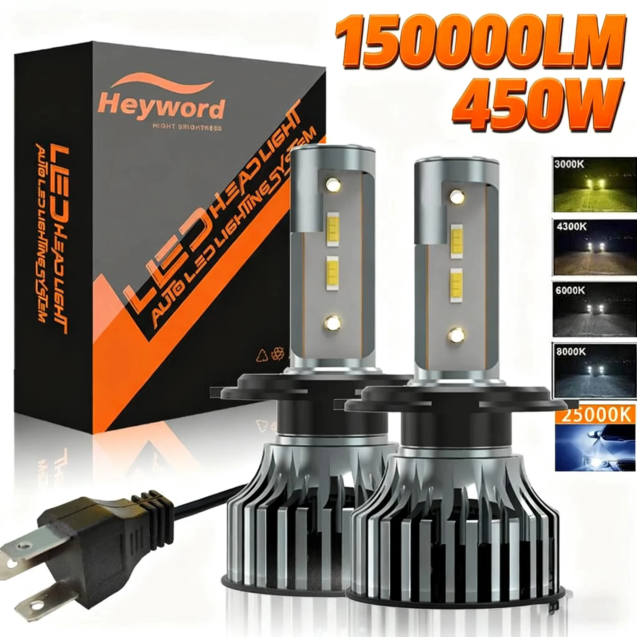 Heyword 150000lm 450W 1860 CSP chip 3000k/4300k/6000k/8000k faro LED para coche h4 h7 h1 faros LED 9005 H7 h11 luz led