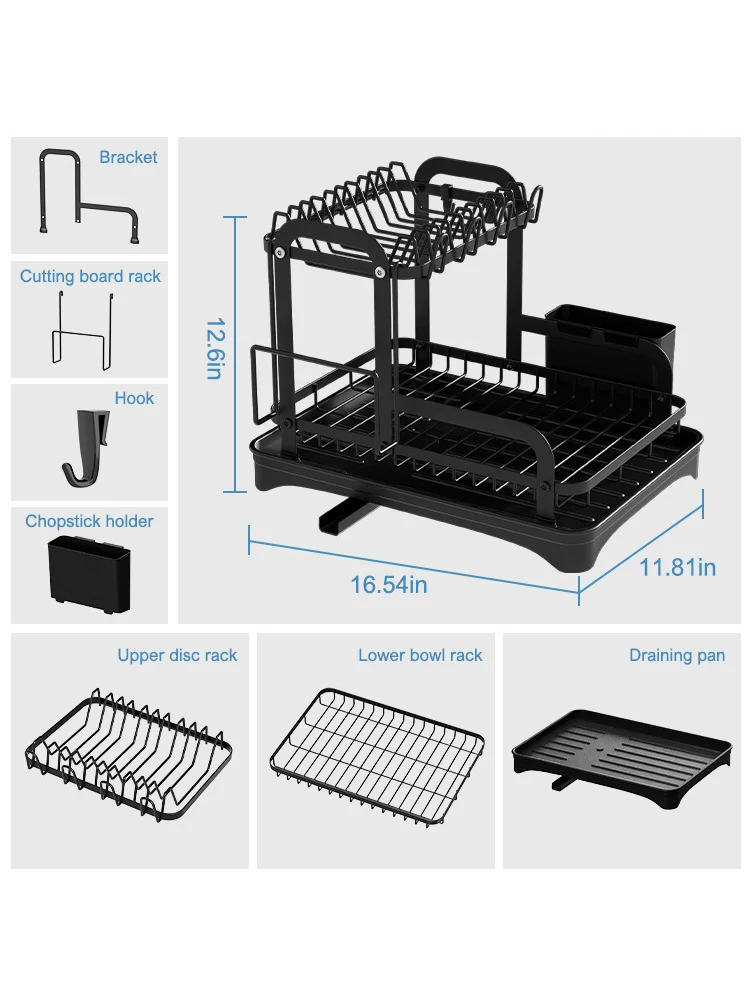 2 ชั้นจานชามDrainer Storage Rackห้องครัวจานDrying Rackพร้อมตะกร้าระบายน้ําเคาน์เตอร์อาหารเย็นOrganizer Drainboard