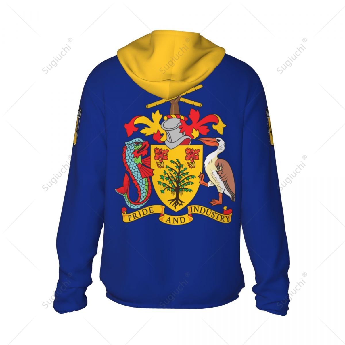 Hoodie de poliéster de manga comprida com zíper, roupas protetor solar, secagem rápida, proteção solar, pesca, ciclismo, corrida, bandeira de Barbados