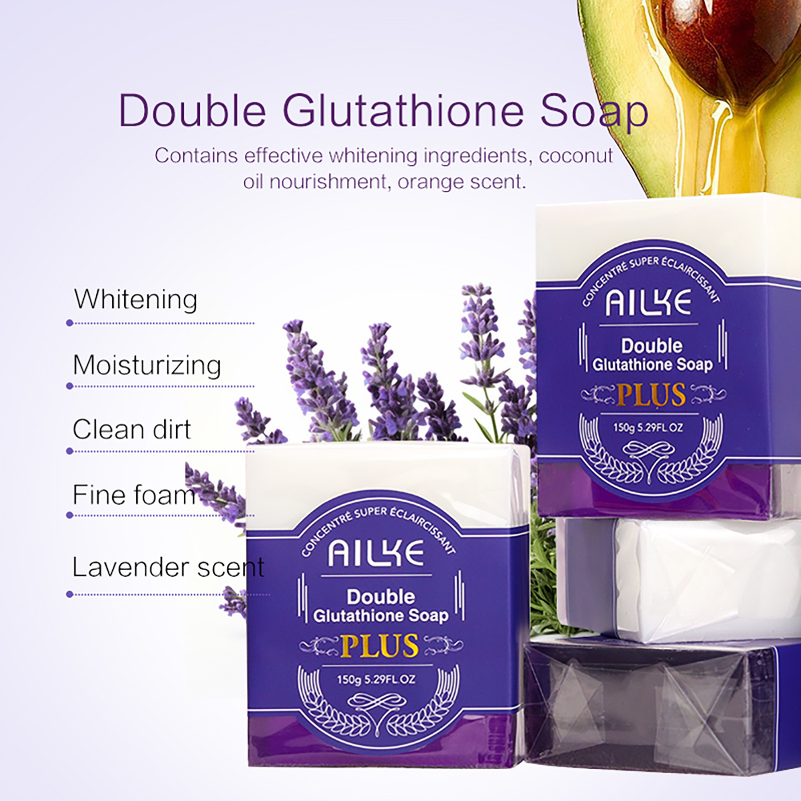 AILKE Aufhellender Seifenstück, mit organischem Glutathion und Lavendel, für Gesicht, Körper, Flecken reduzieren, saubere Haut, unterstützt individuelles Logo