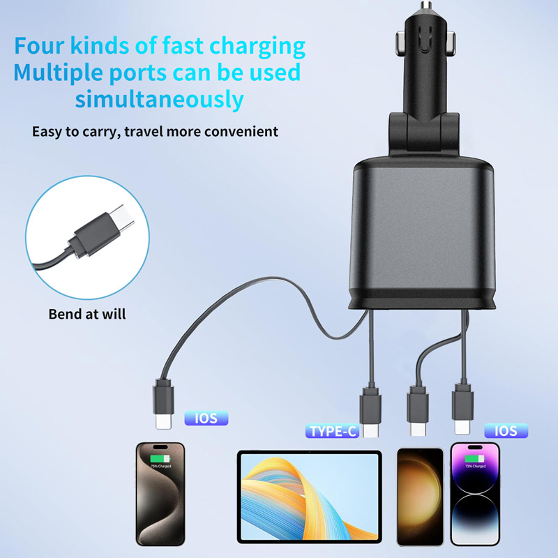 NIEUWE 5-in-1 intrekbare autolader Supersnel voor telefoonsnoer Sigarettenaansteker QC-adapter met 2 USB-poorten Sterrenhemel Top