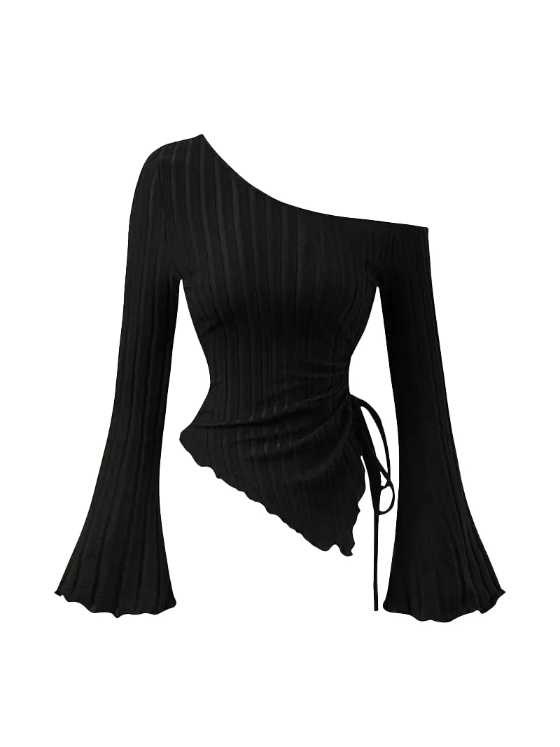 Nueva camiseta elegante asimétrica de estilo callejero informal ajustada de manga larga cruzada con hombros descubiertos para mujer top de manga trompeta