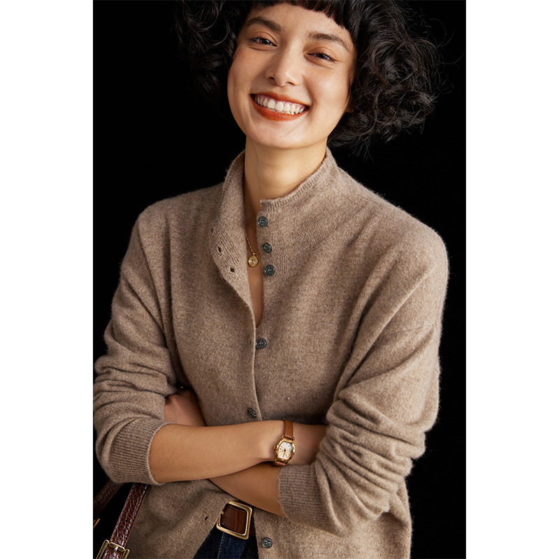 Wool cardigan women's semi-high-necked solid color long-sleeved cashmere coat is slim and versatile knitted sweater.