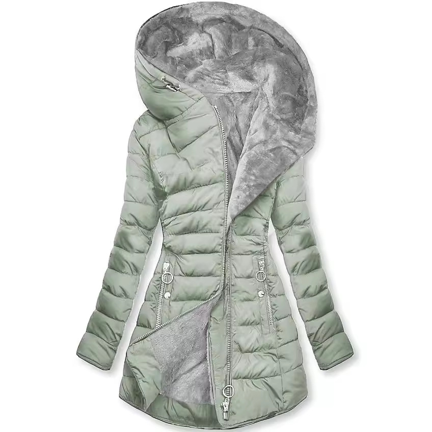 Mulheres parkas com capuz sólido zíper splice midi casacos manga longa bolsos fino ajuste grosso casaco casual parka inverno quente 2024