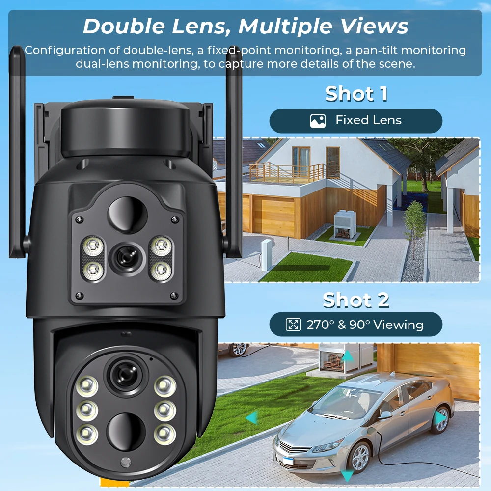 ABUNTU 8MP 4K Telecamera solare wireless Wifi Doppio schermo ICSEE Telecamera di sicurezza Pannello solare 365 giorni in standby PIR Rilevamento umano