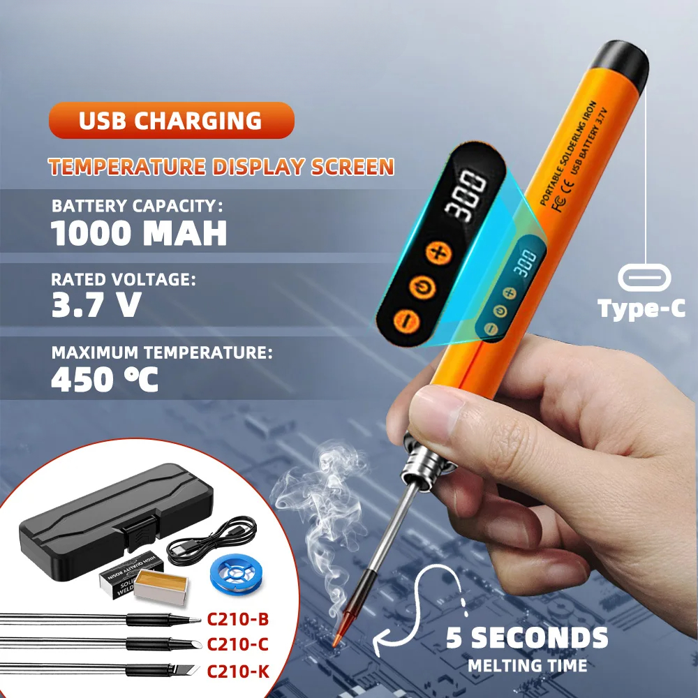 1000mAh USB LED Digital Electric Soldering Iron Kit Mini Cordless Adjustable Temperature 300-450℃ Smart Welding Solder Tool