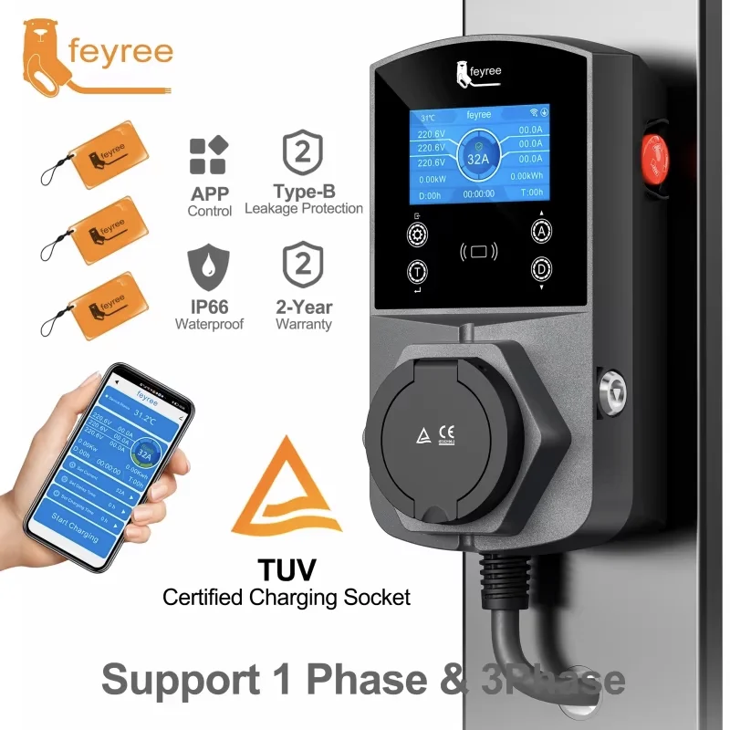 Feyree-cargador EV Type2 versión 22KW, cargador de coche eléctrico inteligente para TS-NACS Type1 GB/T enchufe EVSE Wallbox WIFI, Control por aplicación