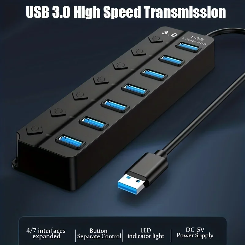 4/7-Port USB 3.0 Hub mit LED-Anzeige, unabhängige Schaltersteuerung für Laptop-Flash-Laufwerk, Festplatte, Drucker, Kameratasche