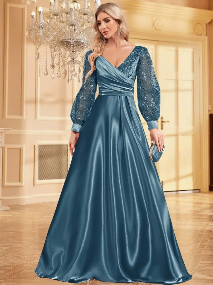 Lucyinlove หรูหราสีฟ้า V คอเลื่อมชุดราตรี 2024 Elegant ผู้หญิง Maxi ชุดแขนยาวค็อกเทลชุดชุดราตรี