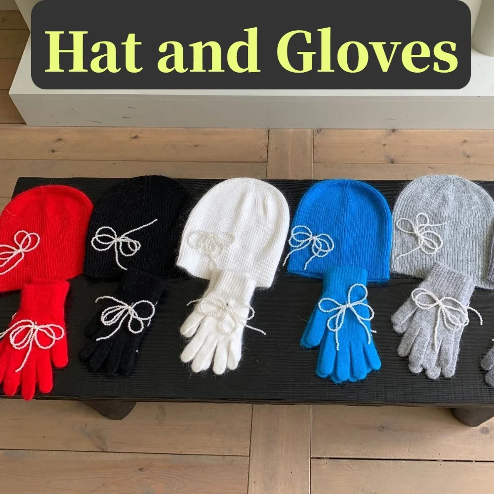 Japanisch ins Perle Bogen Split Finger Handschuhe Frauen Perle Anhänger Hut setzt Korea Mode Macaron Kaninchen Fell Winter warme Mützen Hut