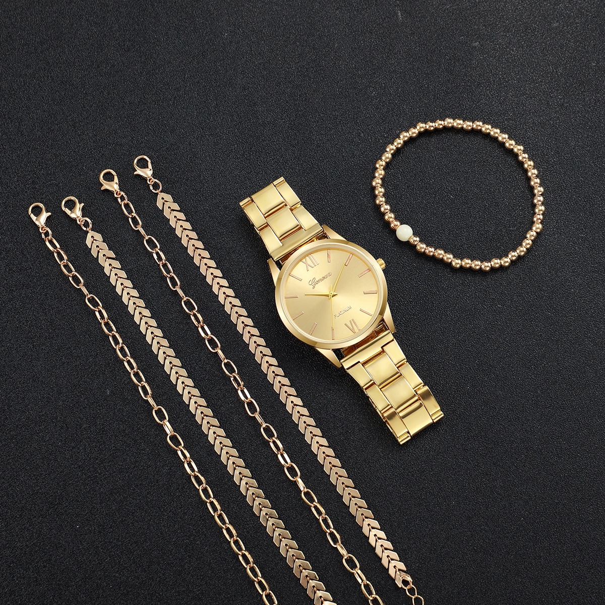 6 peças relógio feminino moda pulseira de aço dourado relógios de quartzo conjunto de pulseiras (sem caixa)