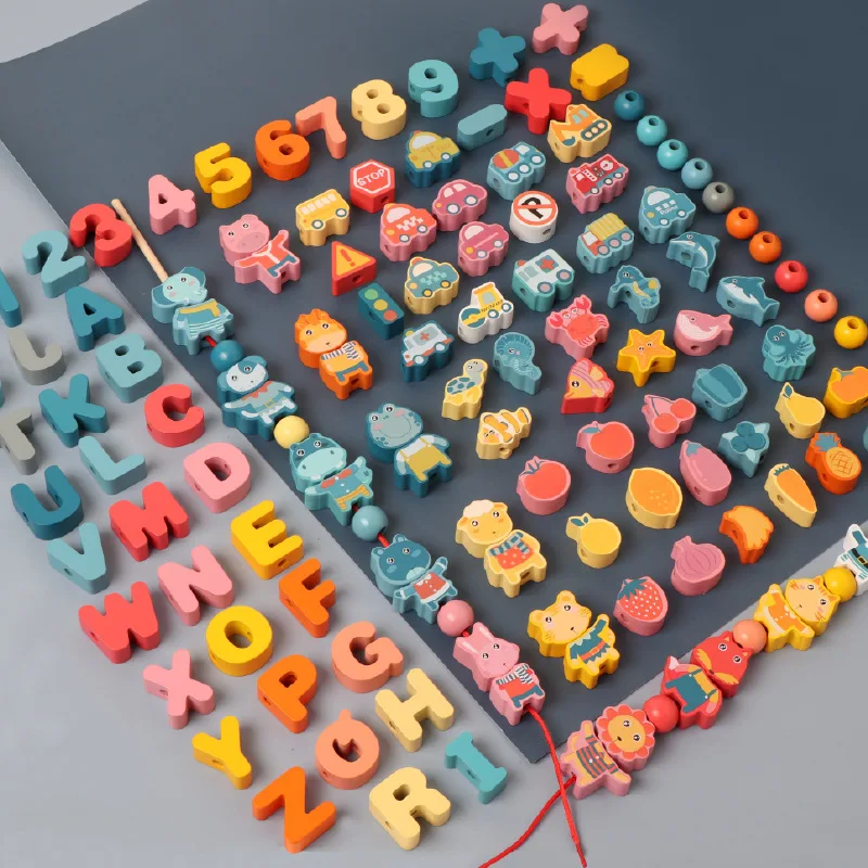 เด็ก Montessori ไม้ Lacing ของเล่น DIY ลูกปัดไม้เด็กการ์ตูนสัตว์ผลไม้ตัวอักษรดิจิตอลลูกปัด Threading ของเล่นของขวัญ
