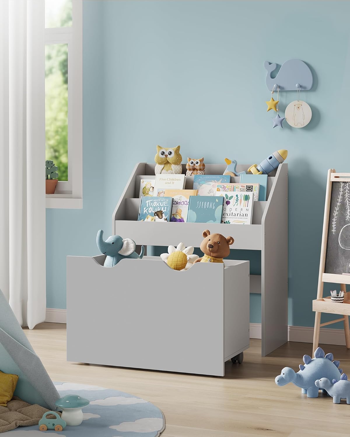 SONGMICS Toy Organiser, Children s Bookshelf with 3 Shelves,Storage Box with Wheels, Multipurpose, for Children's Room