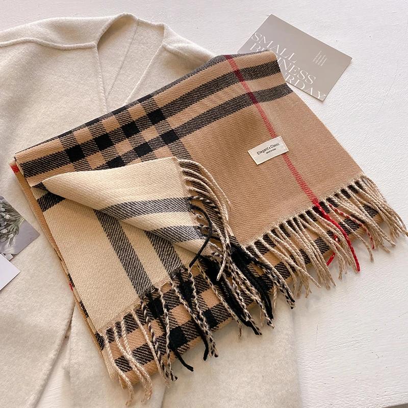Novo outono inverno moda cashmere xadrez design cachecol das mulheres dos homens quente espessamento xale lenço cachecóis bufanda borla 2024