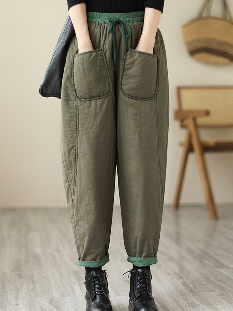 Modische gesteppte Haremshose für Damen, 2024, neue Winter-beiläufige, lockere, mit Baumwolle gepolsterte Hose mit weitem Bein, winddichte Mama-Hose