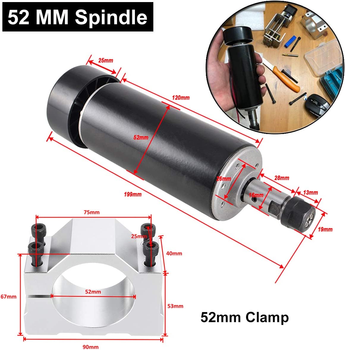 0.5kw Air Cooled Spindle 500W Spindle Motor ER11 Chuck CNC Spindle Motor+52mm Clamps+Power Supply Speed Governor For Engraving