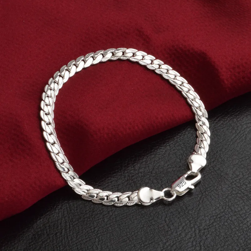 Pulsera de plata de ley 925, 6mm, 18/20cm, cadena lateral plana, pulsera con cierre de langosta para mujer, hombre, joyería de compromiso de boda