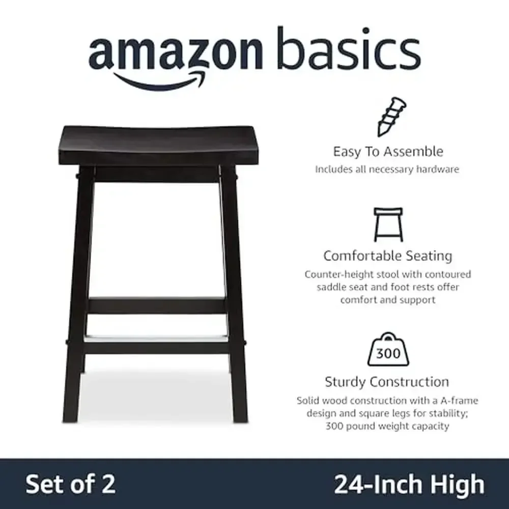 Set of 2 Black Solid Wood Saddle-Seat Counter-Height Kitchen Island Bar Stools 24-Inch Height A-Frame Design 300lb Capacity