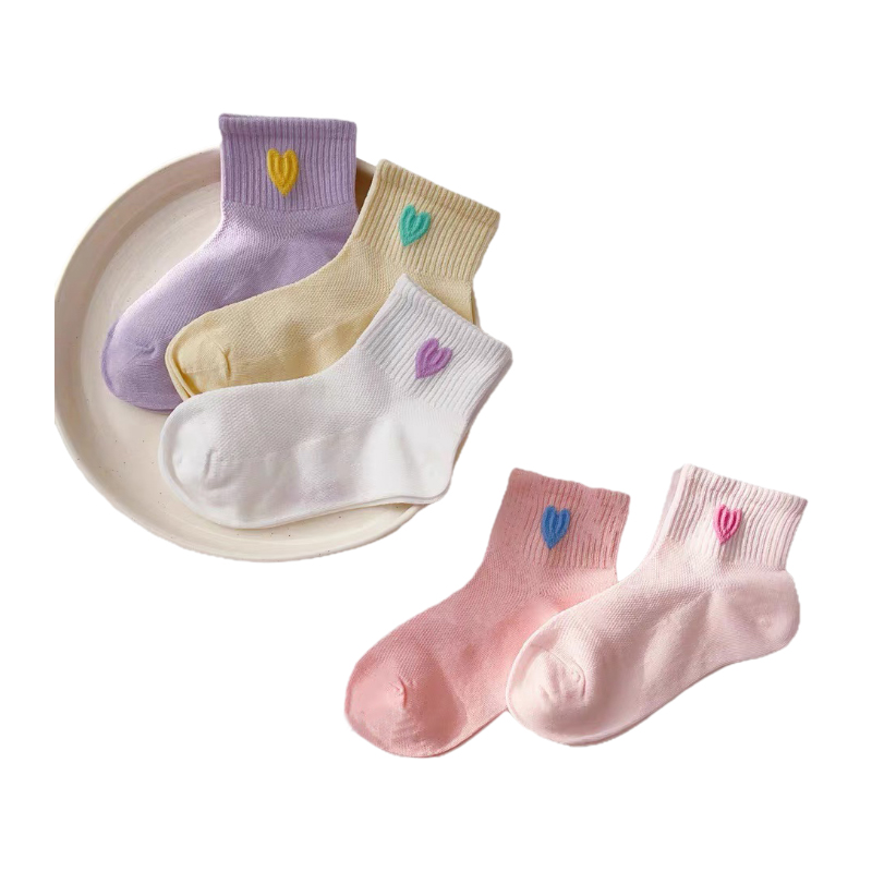 Verano algodón sólido colorido niños niñas calcetines tobilleros malla caramelo dulce lindo corazón suave transpirable medio calcetines para niños niñas