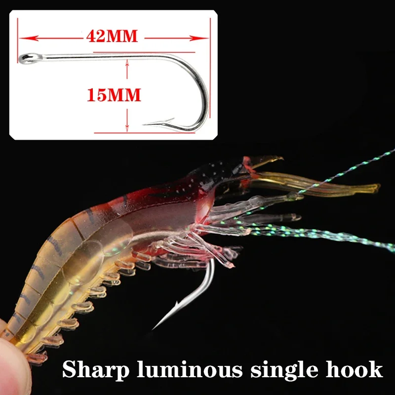 Señuelos de pesca suaves y luminosos, cebo con forma flotante de camarón falso, camarones artificiales biónicos con anzuelo, aparejos de pesca, 1 ud.